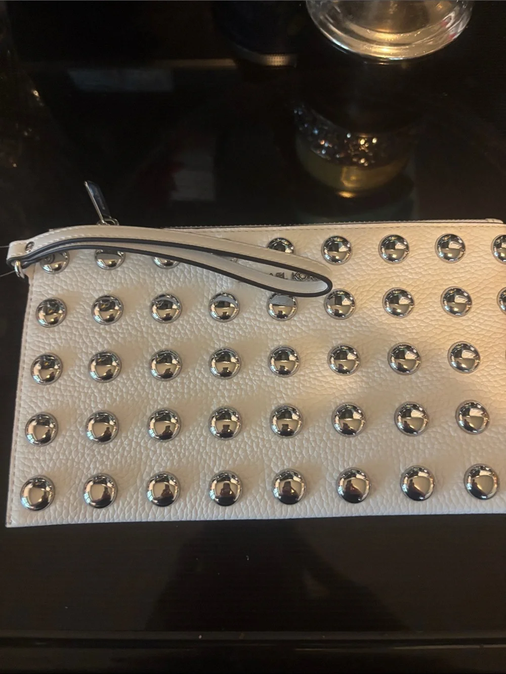 Michael Kors White Pebbled Leather Studded Wristlet Clutch with Silver Studs